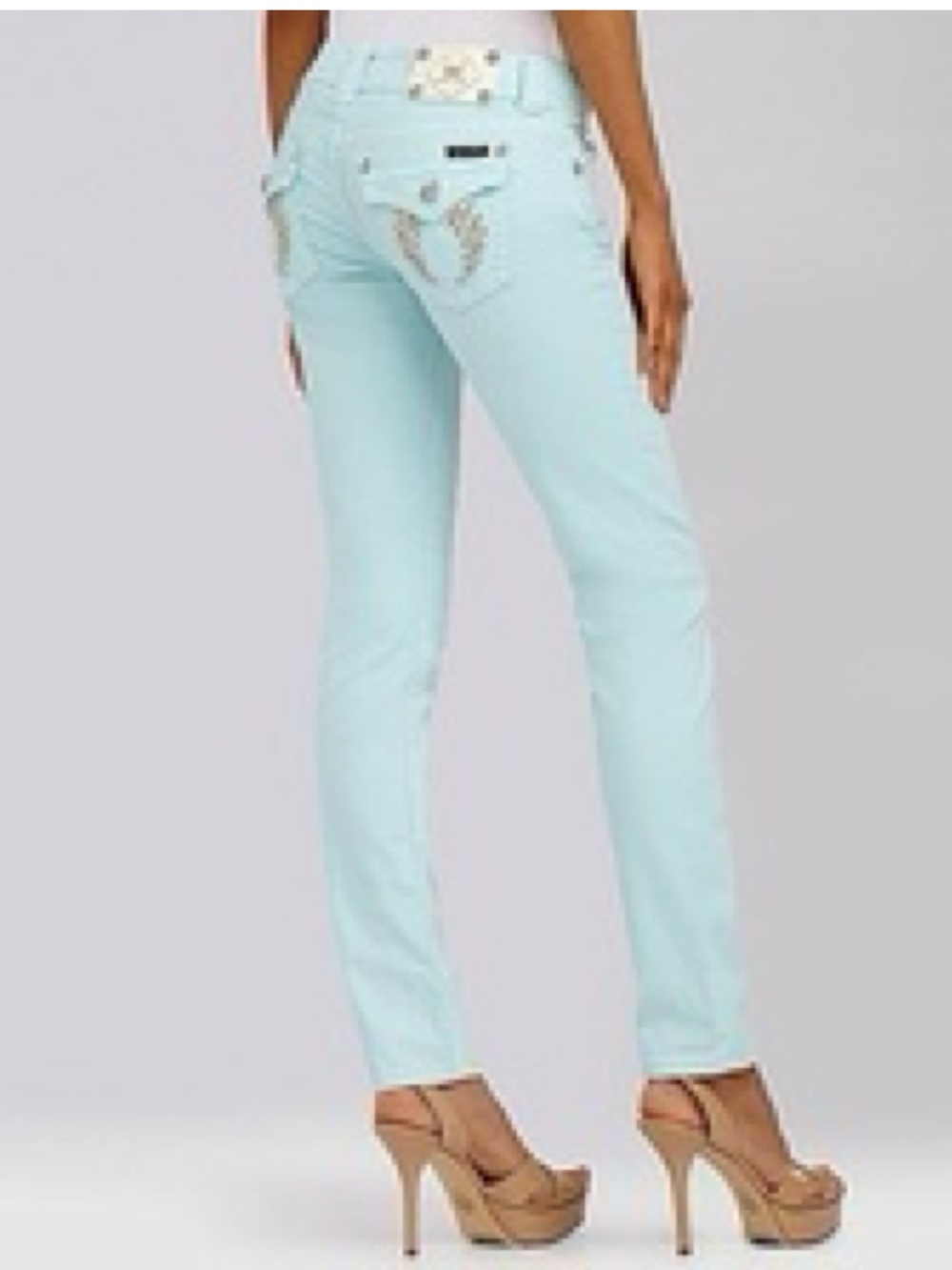 Miss Me Mint Icy Blue Rhinestone Angel Wing Skinny Jeans Style JP5082S40